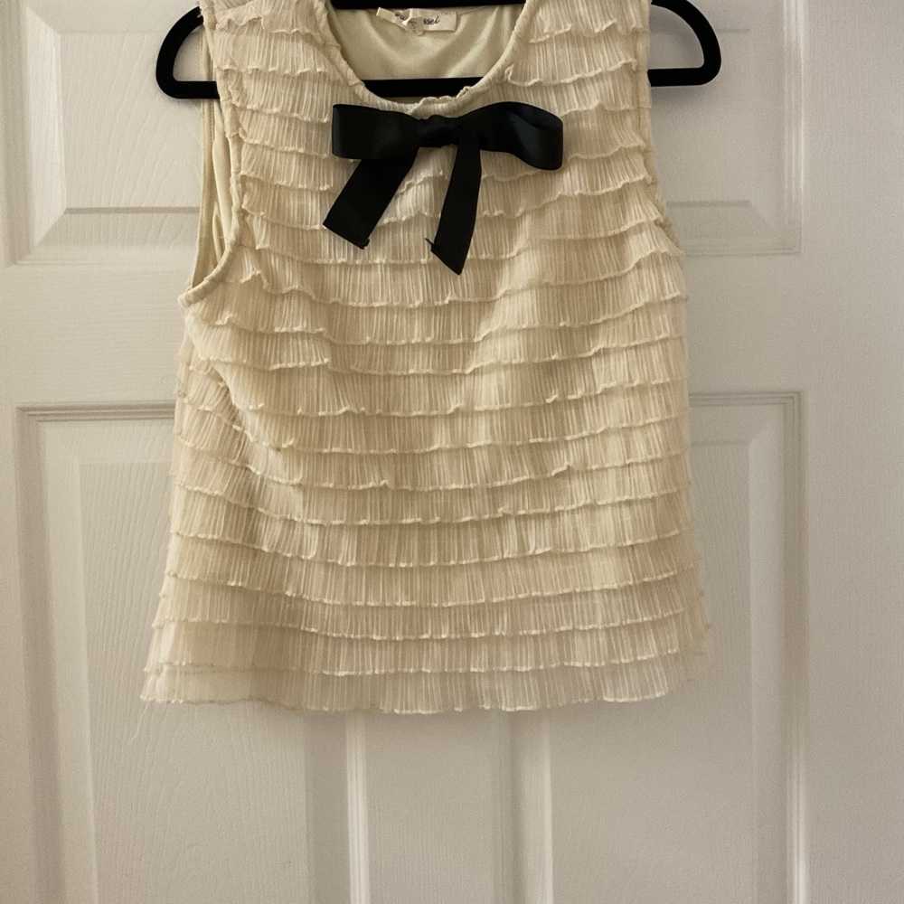 Anthropologie Cream Ruffled Top with Black Bow